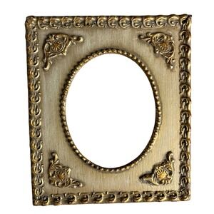 VTG Ornate Gold Oval Opening Picture Frame Wood 7x8 Weathered Filigree Detail